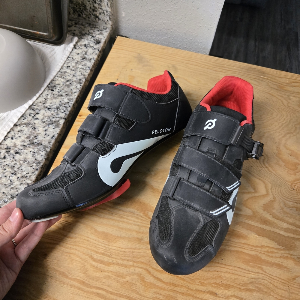 Peloton Men’s Black and Red Road Cycling Shoes with White Accents